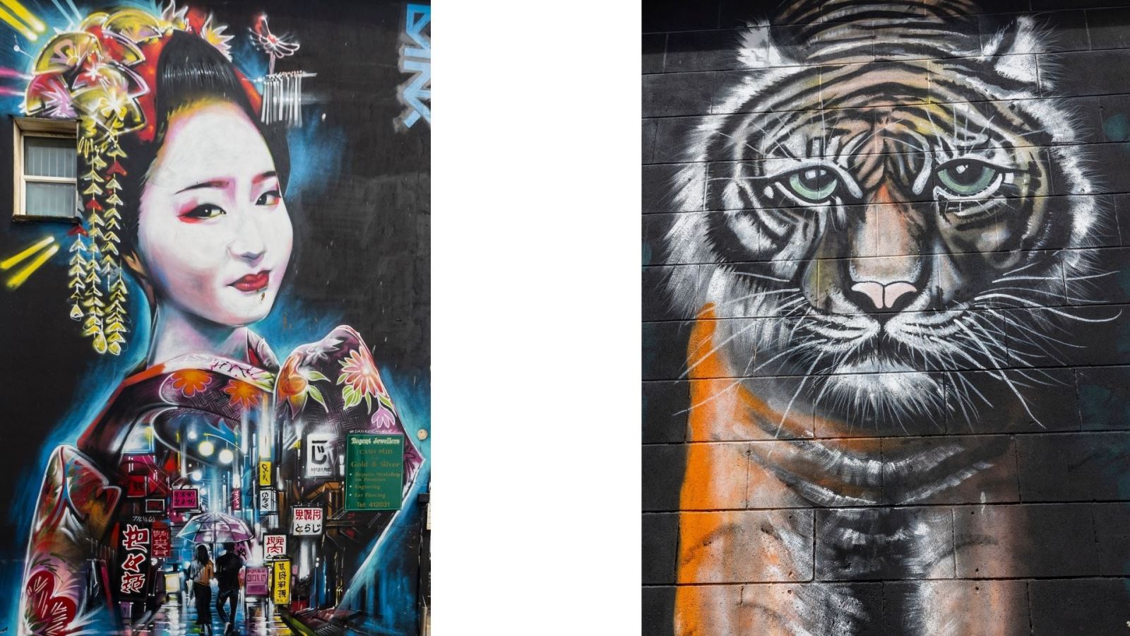 Two photos of street art in Regent Street Weston-super-Mare. The first of an Oriental street scene with a lady and the second of a tiger